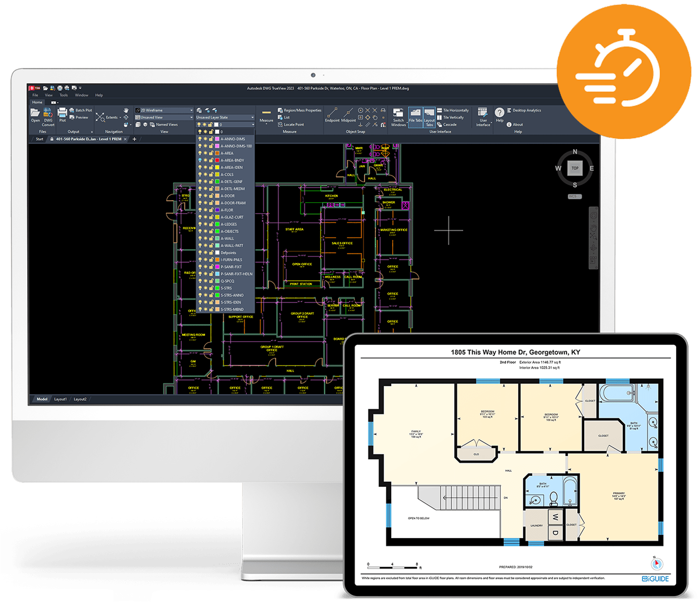 Monitor and tablet displaying floor plans.